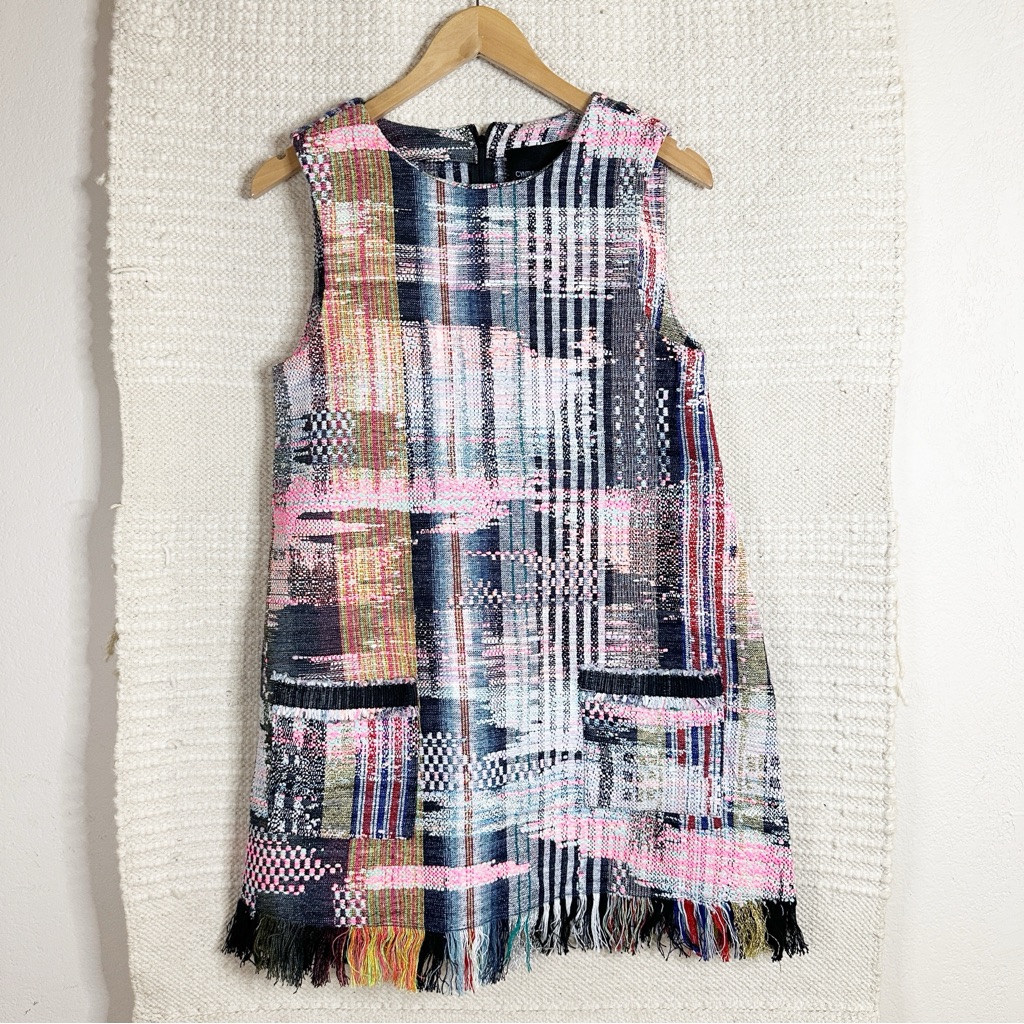 Cynthia Rowley Multicolored Mohair Fringe Trim Tweed Tapestry Mini Dress Size 4